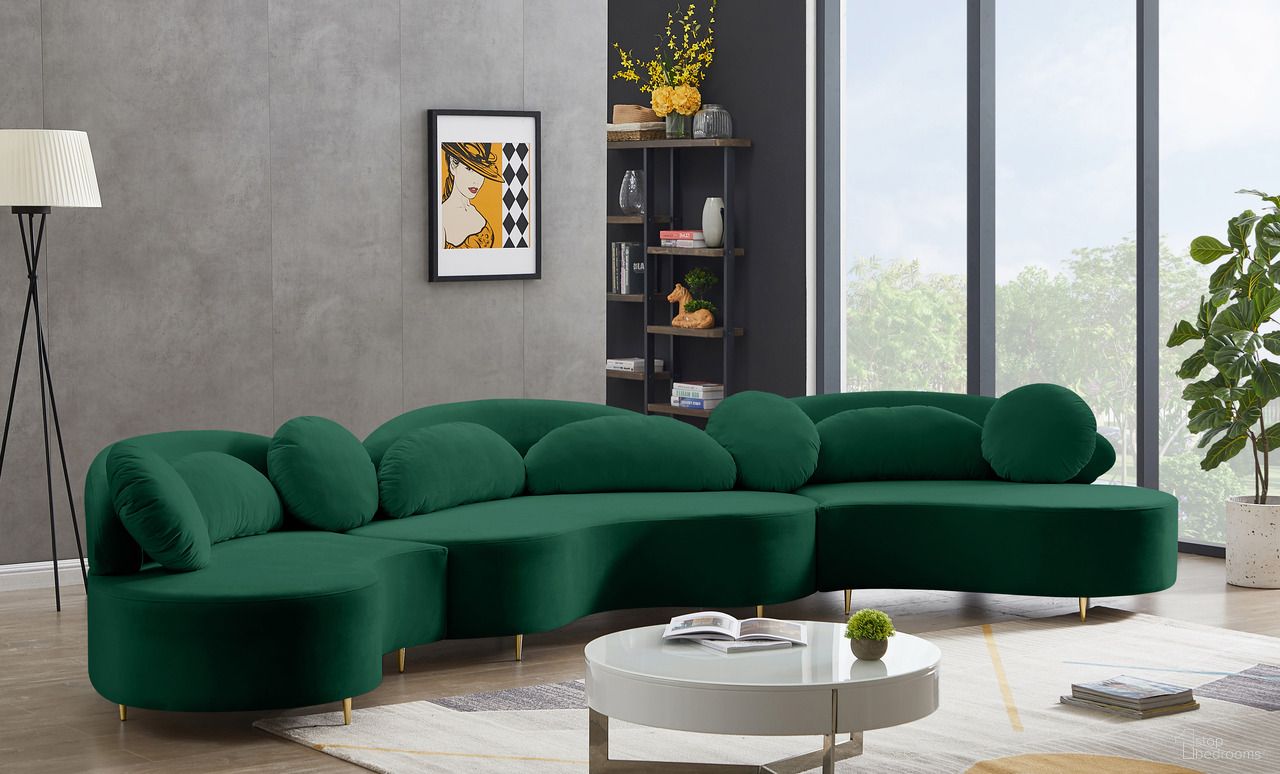The appearance of Vivacious 3-Piece Velvet Sectional In Green designed by Meridian in the modern / contemporary interior design. This green piece of furniture was selected by 1StopBedrooms from Vivacious Collection to add a touch of cosiness and style into your home. Sku: 632Green-Sectional Box 1/3 (Left Chaise Carton);632Green-Sectional Box 2/3 (Middle Loveseat Carton);632Green-Sectional Box 3/3 (Right Chaise). Material: Velvet. Layout: Curved.