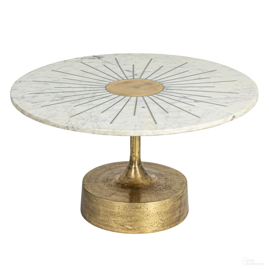 The appearance of Vivian Marble and Metal Coffee Table with Sunburst Design In Gold designed by Rowena Interiors in the glam interior design. This gold piece of furniture was selected by 1StopBedrooms from Vivian Collection to add a touch of cosiness and style into your home. Sku: EC1822MC. Material: Marble.