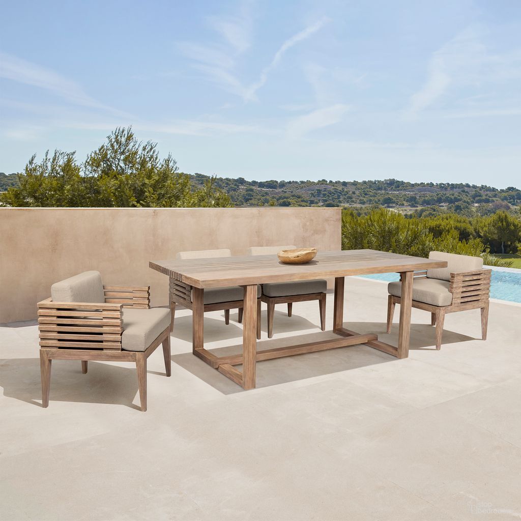 The appearance of Vivid Outdoor Patio Dining Room Set In Light Eucalyptus designed by Armen Living in the modern / contemporary interior design. This light eucalyptus piece of furniture  was selected by 1StopBedrooms from Vivid Collection to add a touch of cosiness and style into your home. Sku: LCVIDIEUC;LCVISIEUCTP. Table Base Style: Trestle. Table Top Shape: Rectangular. Material: Eucalyptus.