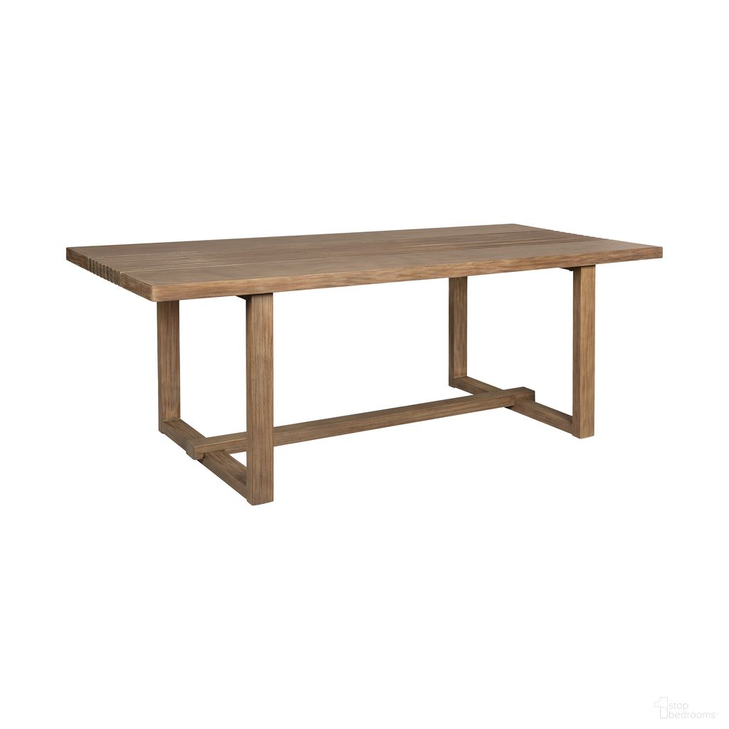 The appearance of Vivid Outdoor Patio Dining Table In Light Eucalyptus designed by Armen Living in the modern / contemporary interior design. This light eucalyptus piece of furniture  was selected by 1StopBedrooms from Vivid Collection to add a touch of cosiness and style into your home. Sku: LCVIDIEUC. Table Base Style: Trestle. Table Top Shape: Rectangular. Material: Eucalyptus.