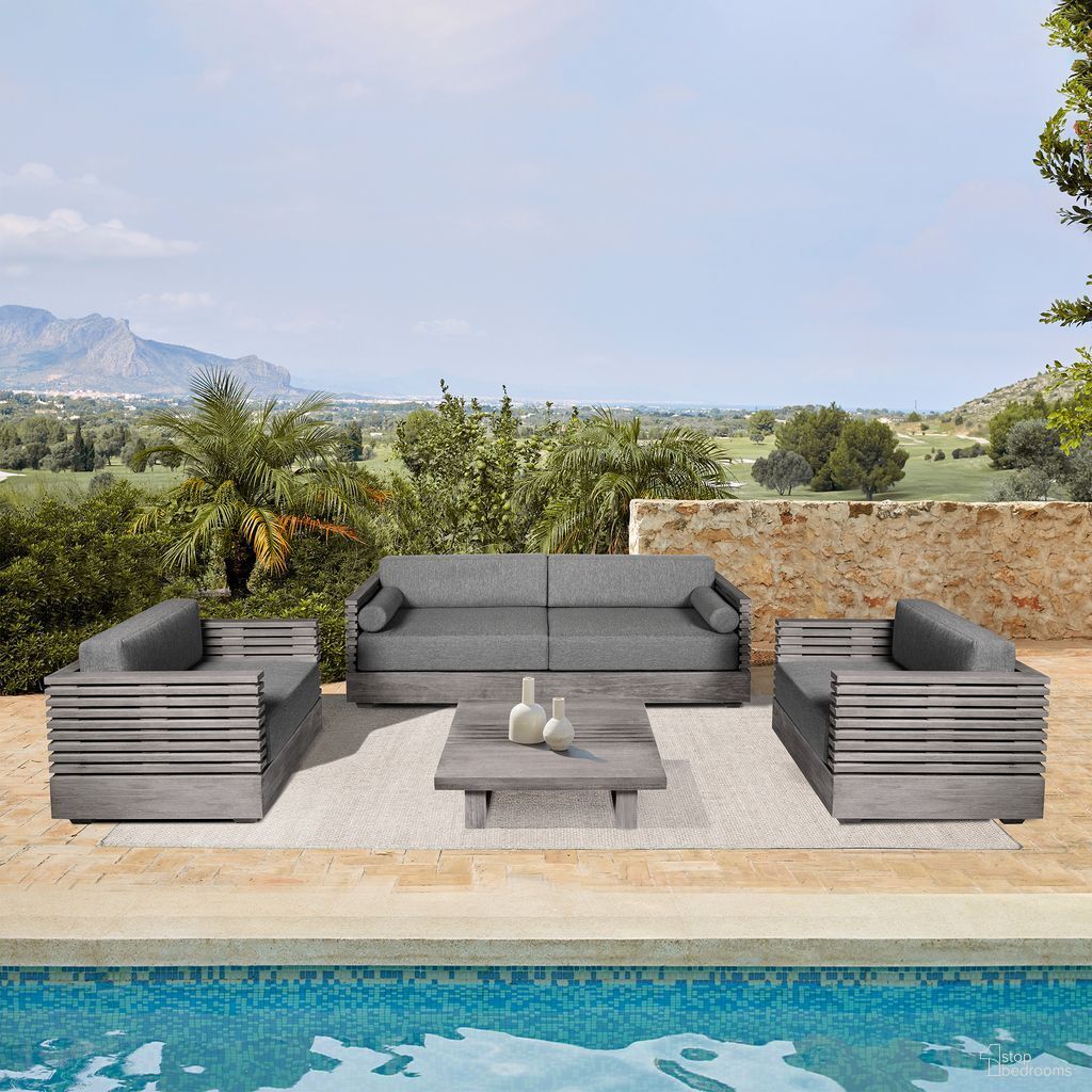 The appearance of Vivid Outdoor Patio Living Room Set In Gray designed by Armen Living in the modern / contemporary interior design. This gray piece of furniture  was selected by 1StopBedrooms from Vivid Collection to add a touch of cosiness and style into your home. Sku: LCVISOEUCGRY;LCVICHEUCGRY. Material: Eucalyptus.