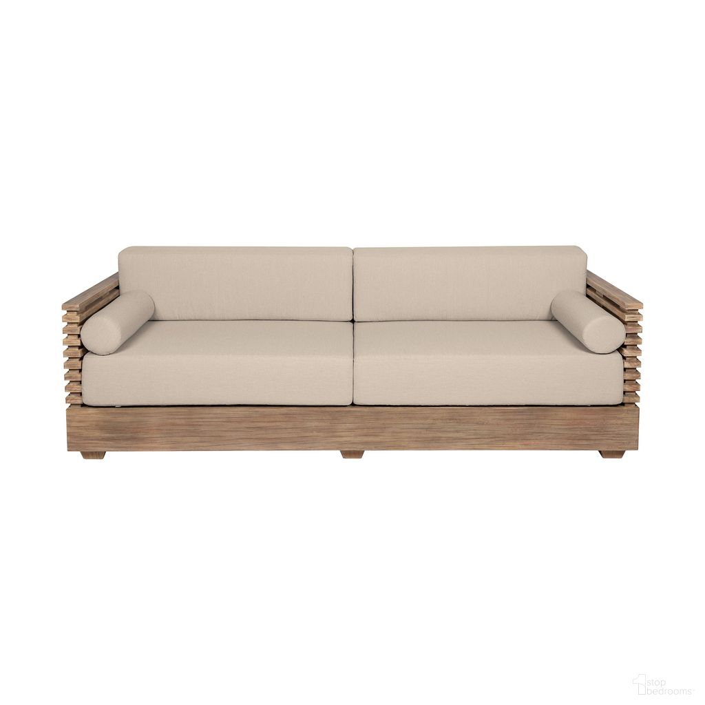 The appearance of Vivid Outdoor Patio Sofa In Light Eucalyptus and Taupe designed by Armen Living in the modern / contemporary interior design. This light eucalyptus and taupe piece of furniture  was selected by 1StopBedrooms from Vivid Collection to add a touch of cosiness and style into your home. Sku: LCVISOEUCTP. Material: Eucalyptus.