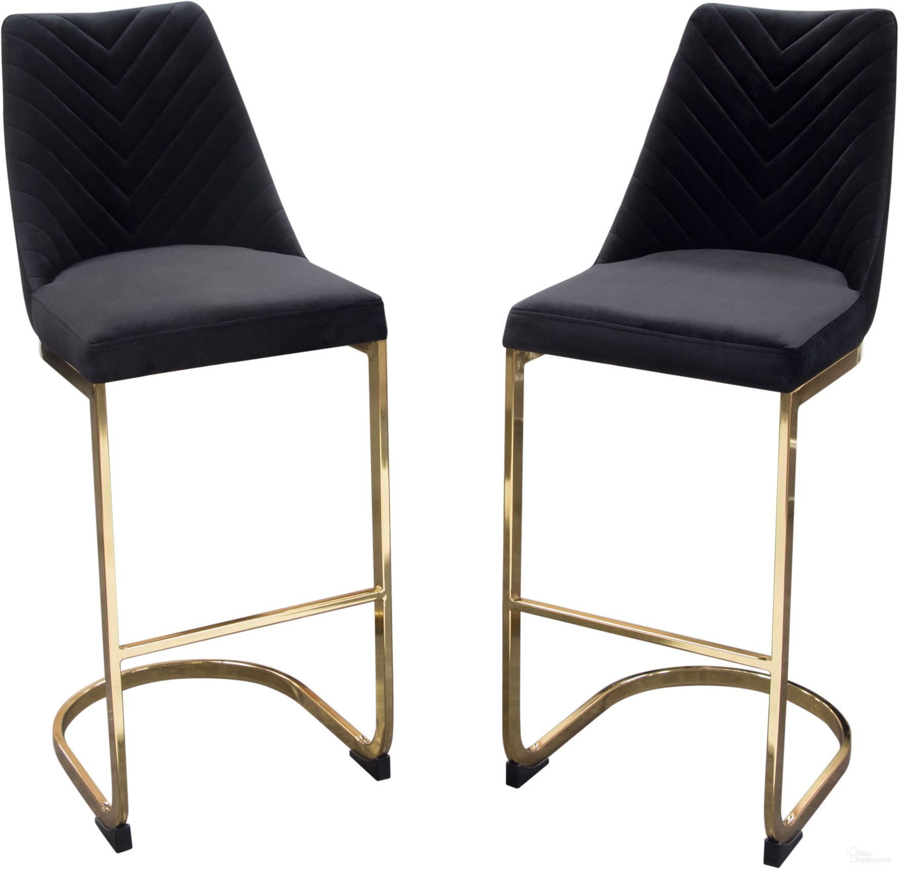 Vogue Set of 2 Bar Height Chairs in Black Velvet with Polished Gold Metal Base