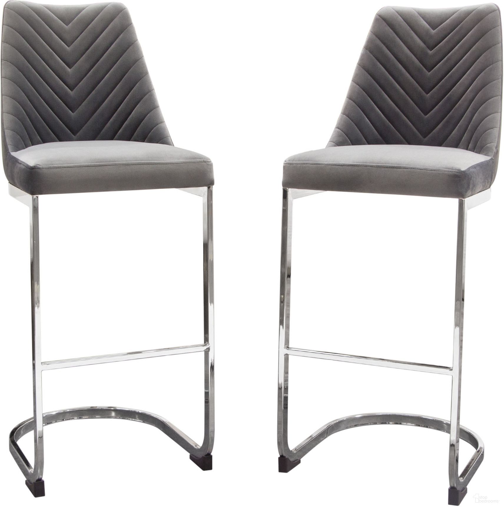 Vogue Set of 2 Bar Height Chairs in Grey Velvet with Polished Silver Metal Base