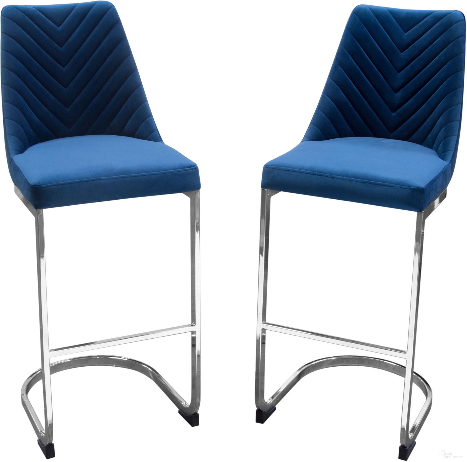 Vogue Set of 2 Bar Height Chairs in Navy Blue Velvet with Polished Silver Metal Base