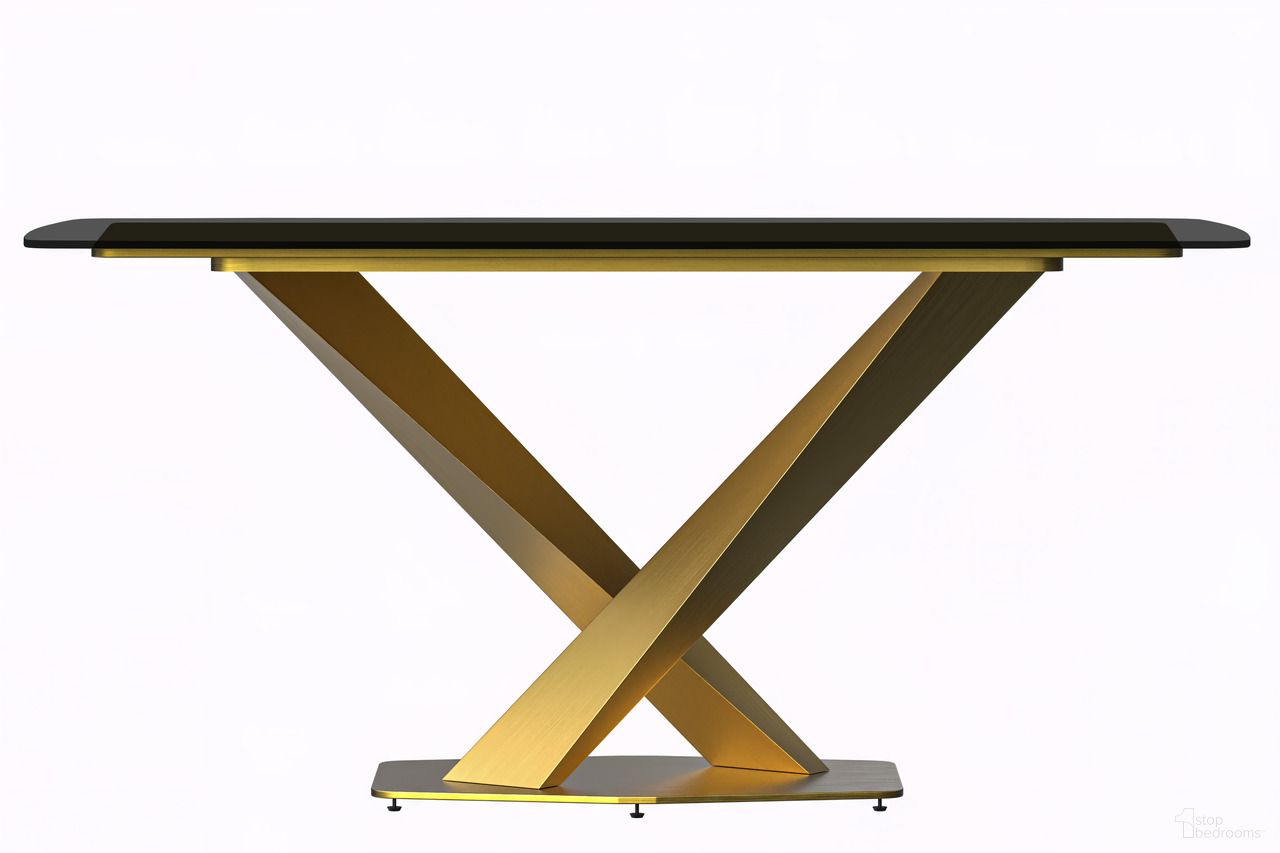 The appearance of Voren 62 Inch Dining Table with Glass Top In Gold and Black designed by LeisureMod in the modern / contemporary interior design. This gold/black piece of furniture  was selected by 1StopBedrooms from Voren Collection to add a touch of cosiness and style into your home. Sku: VTG-62BL-G. Table Base Style: Pedestal. Material: Glass. Table Top Shape: Rectangular. Size: 32" x 62".