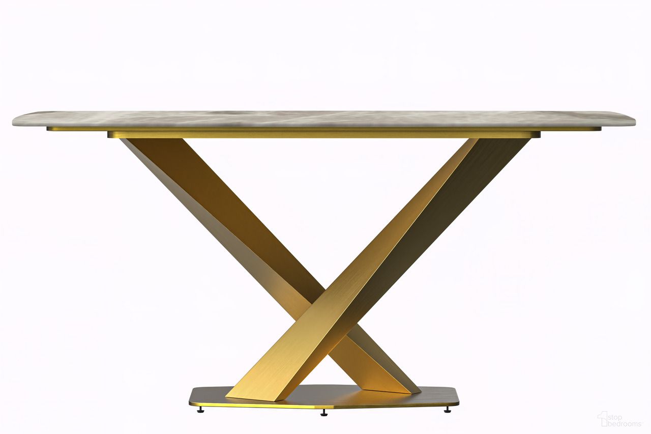 The appearance of Voren 62 Inch Dining Table with Sintered Stone Top In Gold and Dark Grey designed by LeisureMod in the modern / contemporary interior design. This gold and dark grey piece of furniture  was selected by 1StopBedrooms from Voren Collection to add a touch of cosiness and style into your home. Sku: VTG-62DGR-S. Table Base Style: Pedestal. Material: Stone. Table Top Shape: Rectangular. Size: 32" x 62".