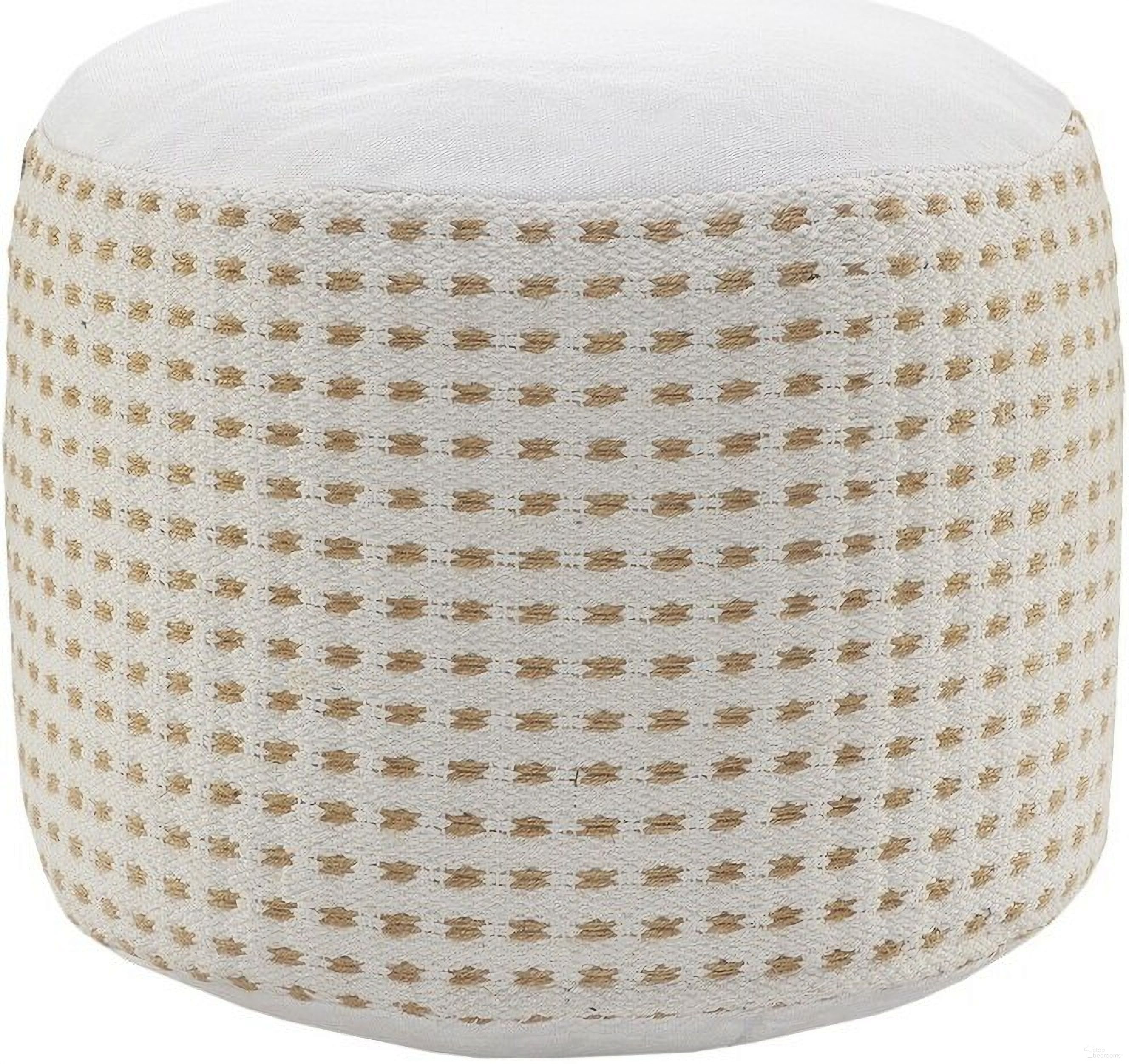 The appearance of Vylla Geometric Hand-Woven All-Natural Jute Blend Ottoman Pouf In White and Tan designed by Rajani Home in the bohemian interior design. This white/tan piece of furniture was selected by 1StopBedrooms from Bova Collection to add a touch of cosiness and style into your home. Sku: 6C329008G49348. Material: Jute.