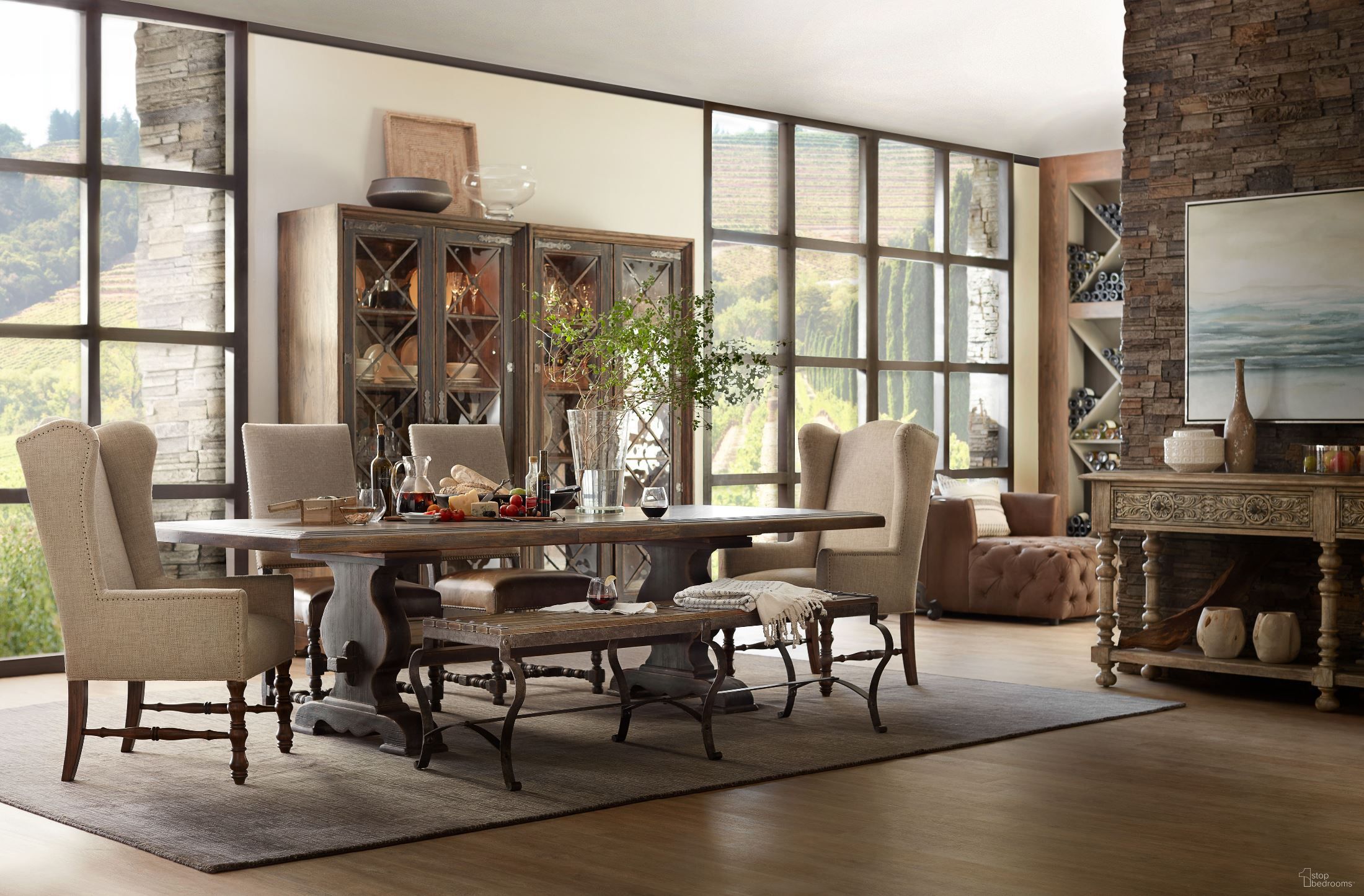 The appearance of Hill Country Bandera 86 Inch Extendable Rectangular Dining Room Set designed by Hooker in the traditional interior design. This dark wood piece of furniture was selected by 1StopBedrooms from Hill Country Collection to add a touch of cosiness and style into your home. Sku: 5960-75200B-BLK;5960-75200T-BRN;5960-75410-BLK. Table Base Style: Trestle. Material: Wood. Table Top Shape: Rectangular. Size: 44" x 86".