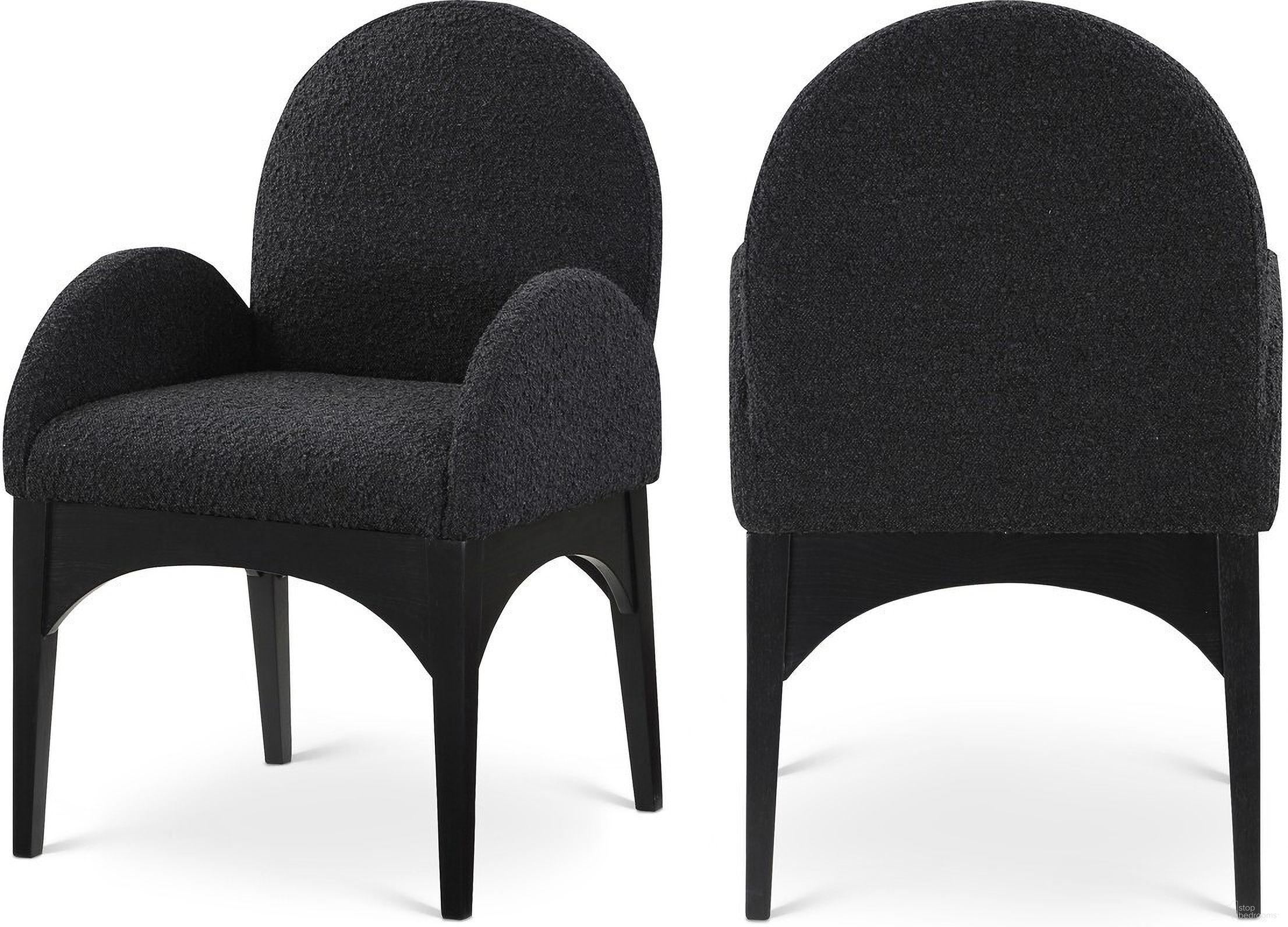 The appearance of Waldorf Boucle Fabric Dining Arm Chair In Black designed by Meridian in the modern / contemporary interior design. This black piece of furniture was selected by 1StopBedrooms from Waldorf Collection to add a touch of cosiness and style into your home. Sku: 381Black-AC. Material: Wood. Chair Type: Arm Chair.