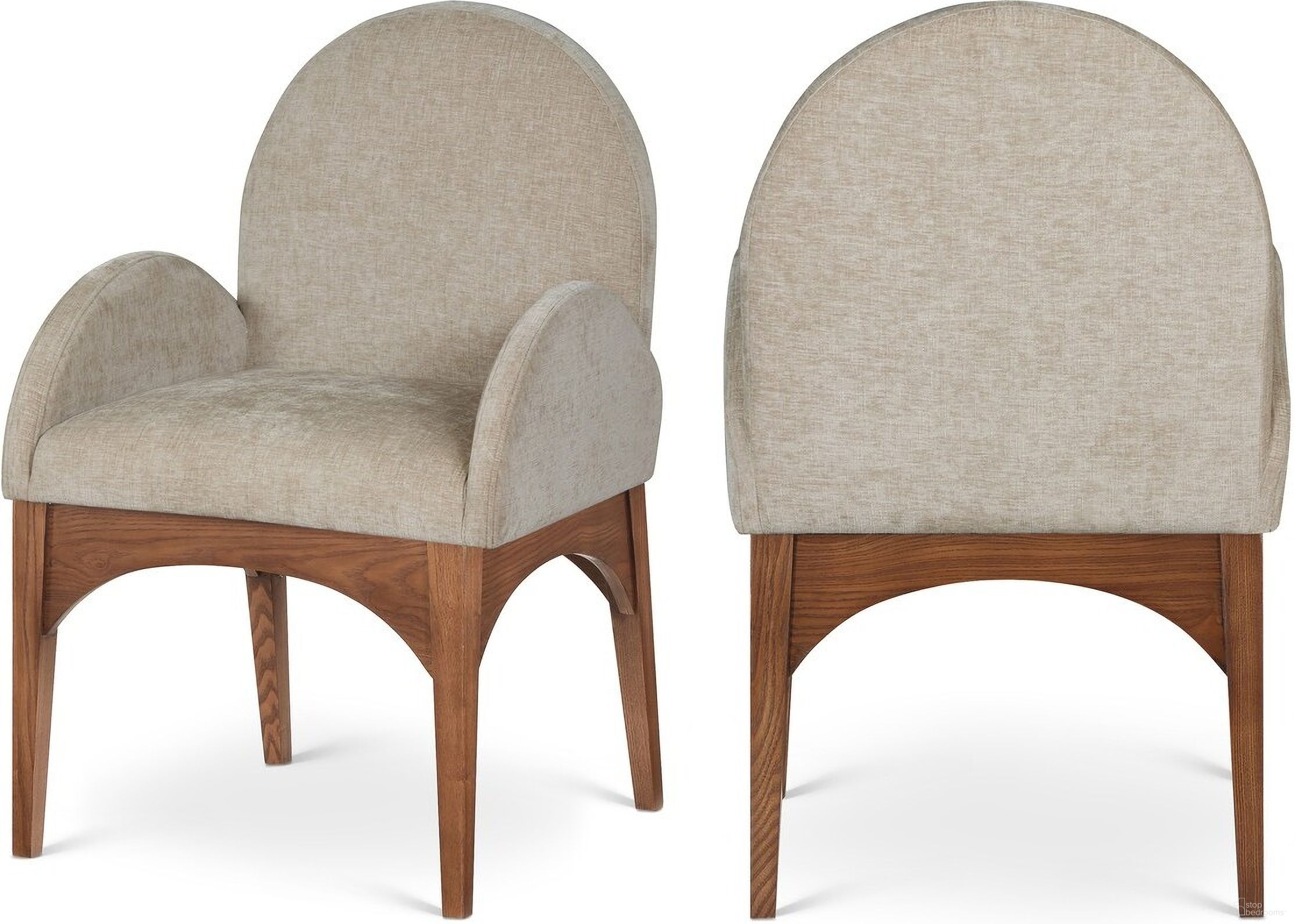 The appearance of Waldorf Chenille Fabric Dining Arm Chair In Beige/walnut designed by Meridian in the modern / contemporary interior design. This beige piece of furniture was selected by 1StopBedrooms from Waldorf Collection to add a touch of cosiness and style into your home. Sku: 379Beige-AC. Material: Wood. Chair Type: Arm Chair.