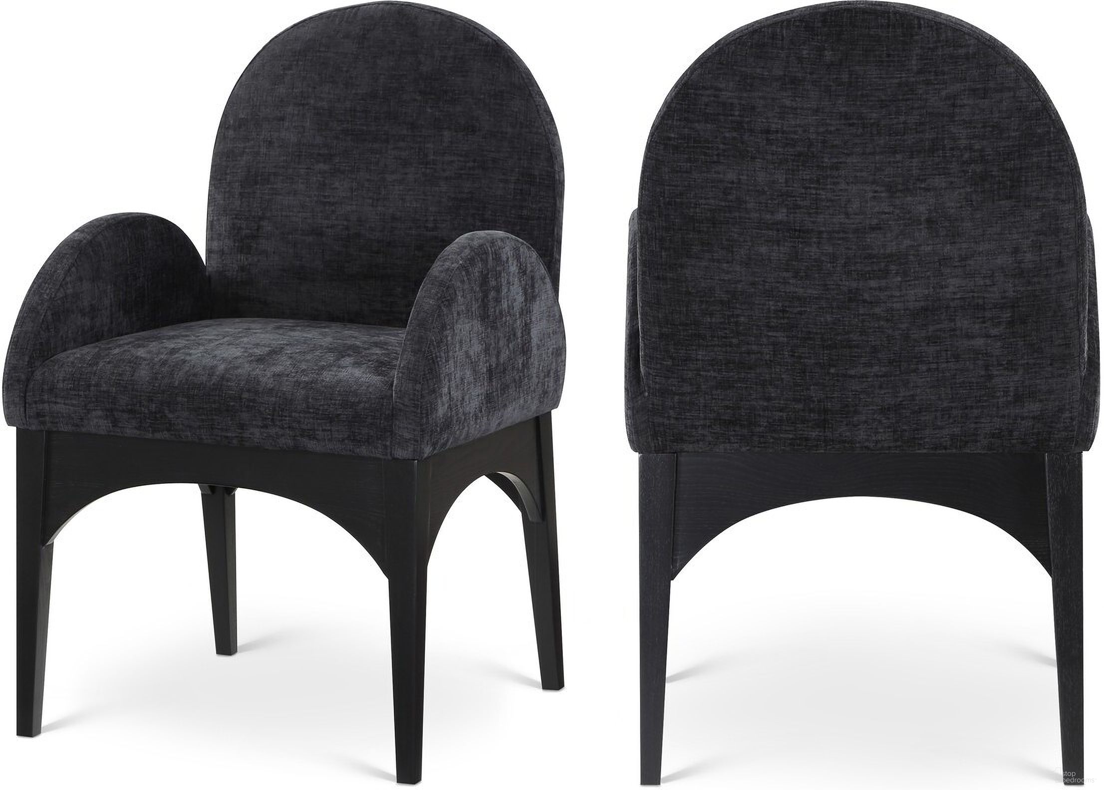 The appearance of Waldorf Chenille Fabric Dining Arm Chair In Black designed by Meridian in the modern / contemporary interior design. This black piece of furniture was selected by 1StopBedrooms from Waldorf Collection to add a touch of cosiness and style into your home. Sku: 378Black-AC. Material: Wood. Chair Type: Arm Chair.