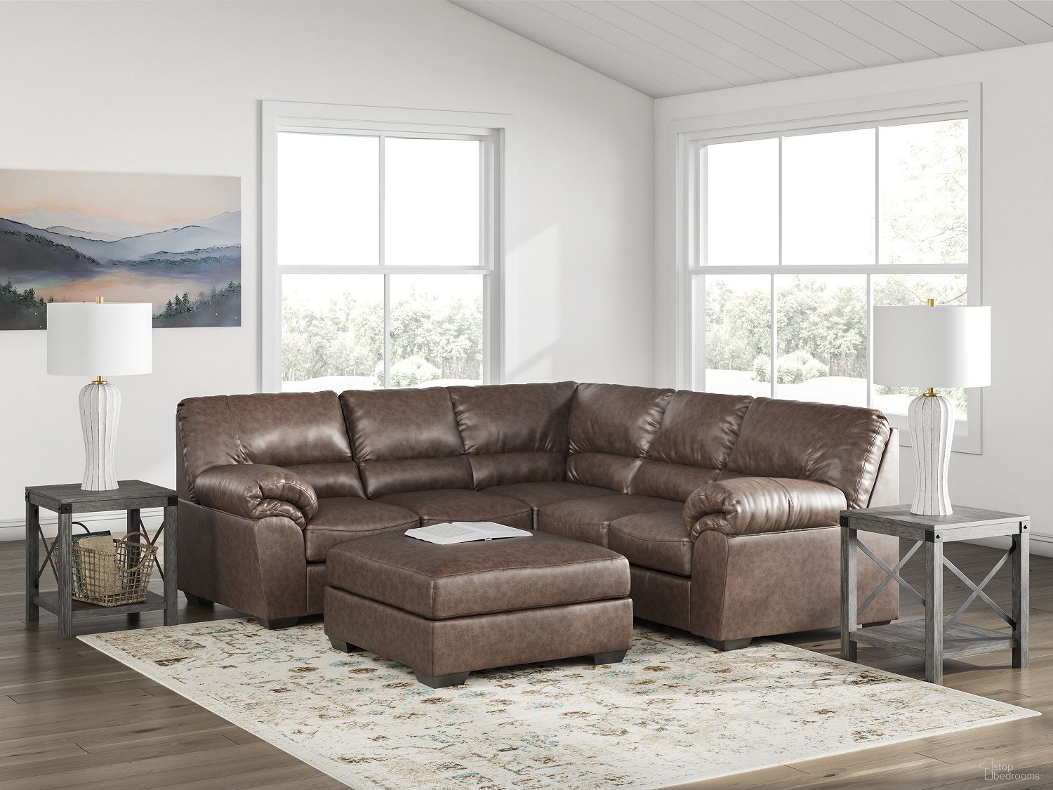 The appearance of Walker Point LAF 2-Piece Sectional In Umber designed by Signature Design by Ashley in the modern / contemporary interior design. This umber piece of furniture  was selected by 1StopBedrooms from Walker Point Collection to add a touch of cosiness and style into your home. Sku: NC2770555;NC2770567. Material: Leather. Layout: L-Shape.