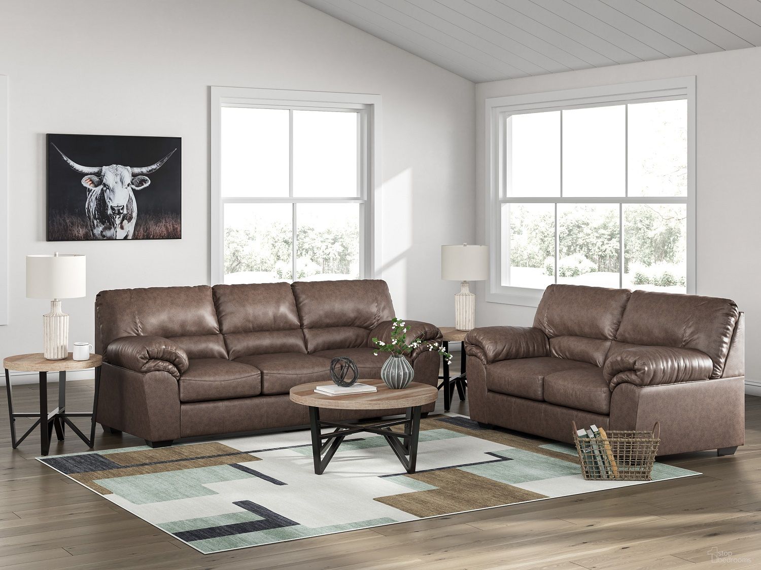 The appearance of Walker Point Living Room Set In Umber designed by Signature Design by Ashley in the modern / contemporary interior design. This umber piece of furniture was selected by 1StopBedrooms from Walker Point Collection to add a touch of cosiness and style into your home. Sku: NC2770538;NC2770535. Material: Faux Leather.