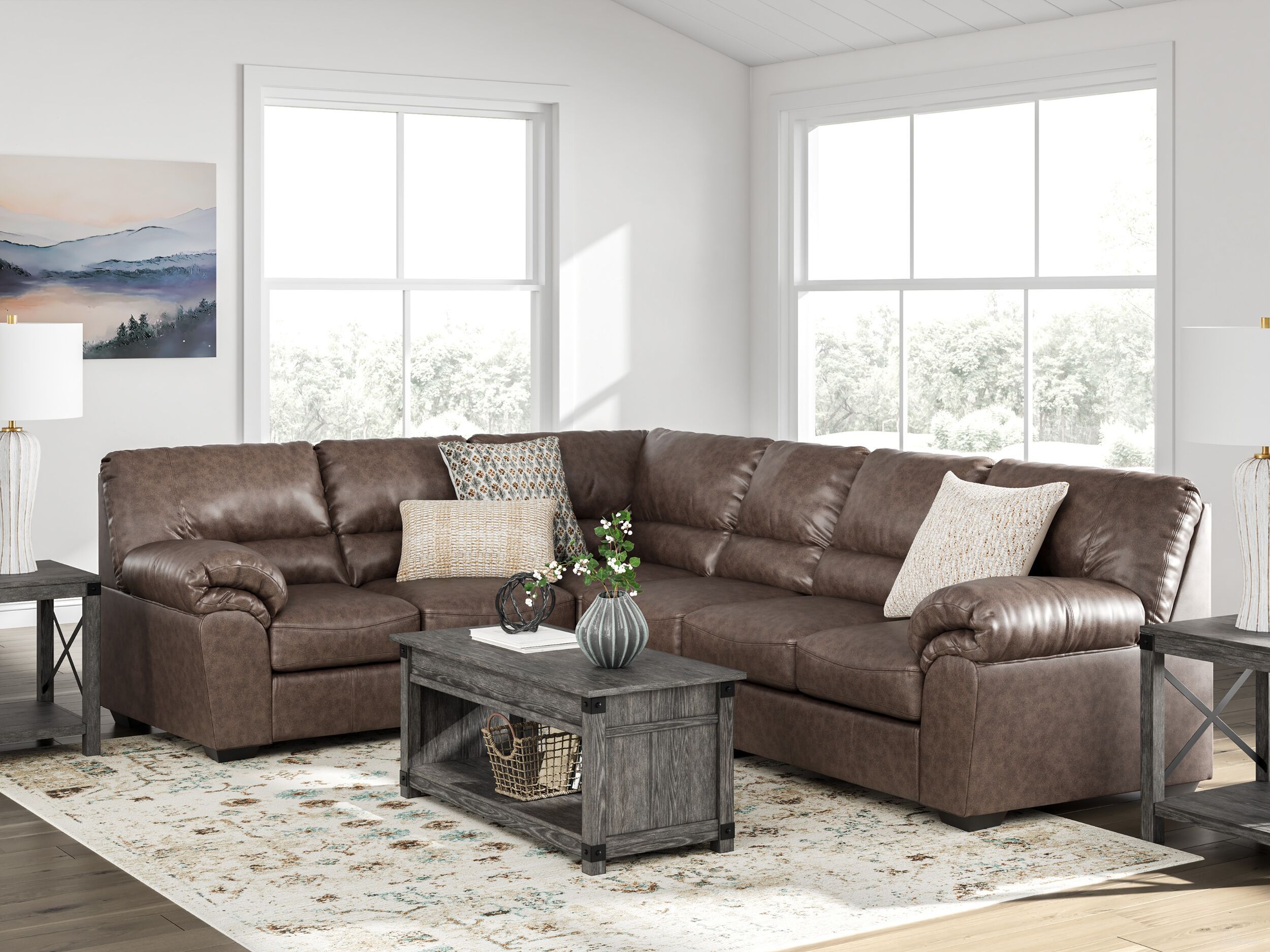 The appearance of Walker Point RAF 3-Piece Sectional In Umber designed by Signature Design by Ashley in the modern / contemporary interior design. This umber piece of furniture was selected by 1StopBedrooms from Walker Point Collection to add a touch of cosiness and style into your home. Sku: NC2770566;NC2770546;NC2770556. Material: Leather. Layout: L-Shape.