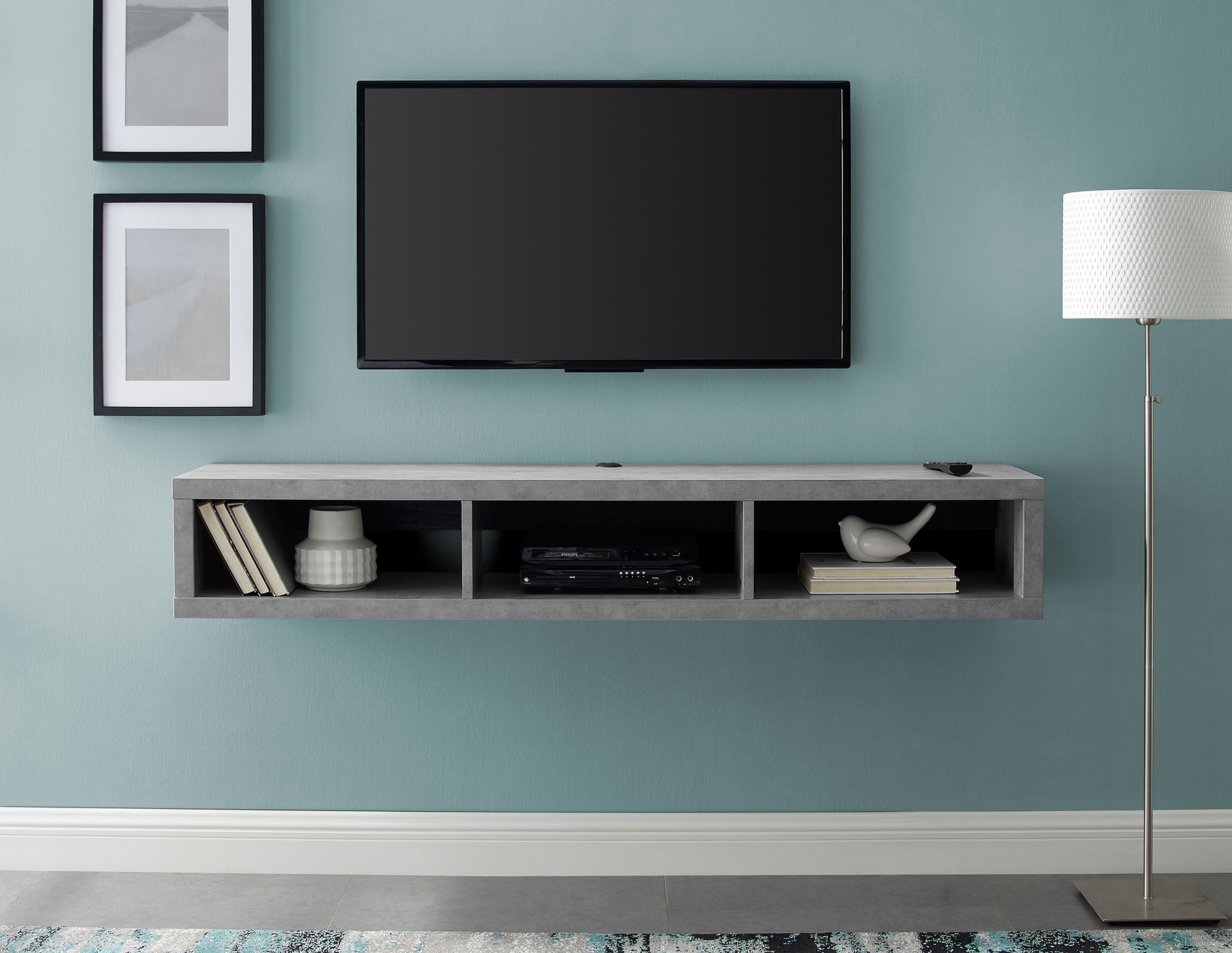 Wall Mounted 60 Inch TV Console Entertainment Center In Stone Gray