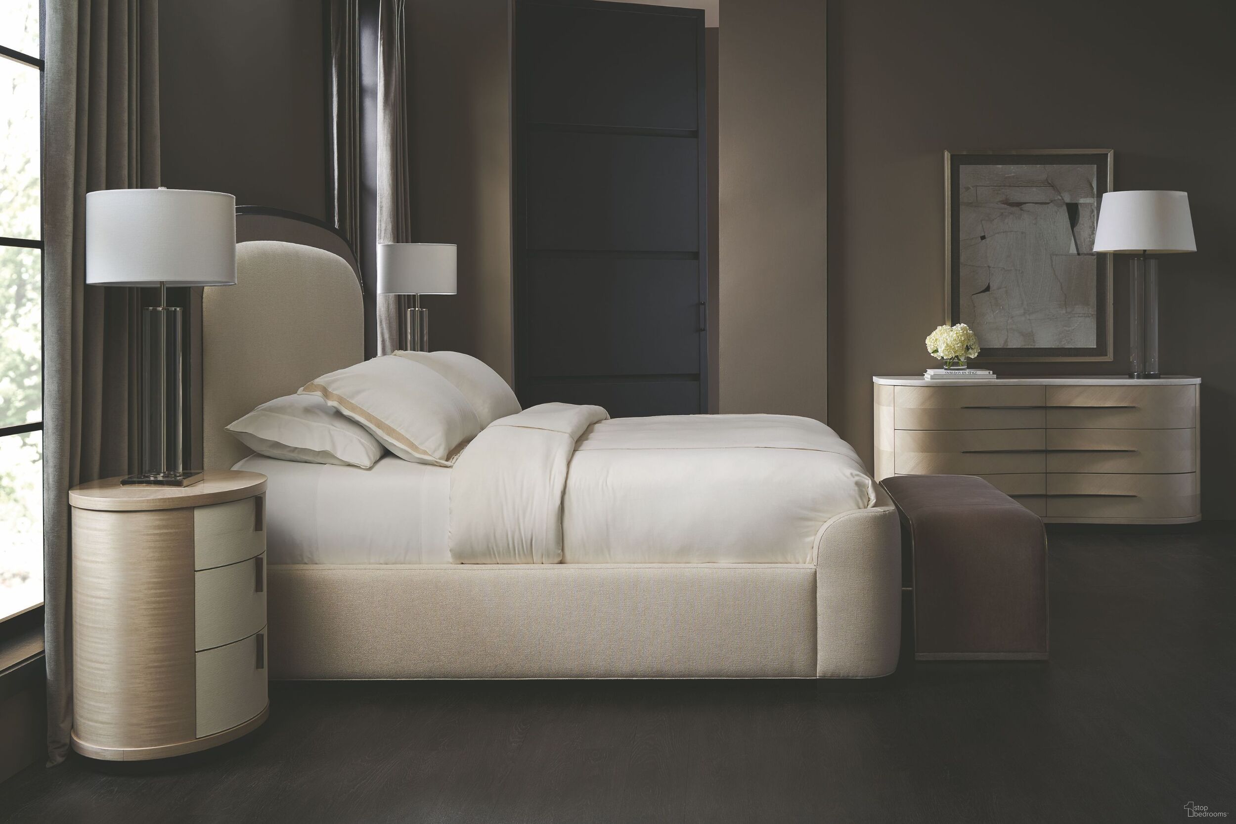 The appearance of Wanderlust Sun Kissed Silver And Deep Bronze Upholstered Panel Bedroom Set designed by Caracole in the transitional interior design. This brown and cream piece of furniture was selected by 1StopBedrooms from Caracole Classic Collection to add a touch of cosiness and style into your home. Sku: CLA-422-102;CLA-422-064. Bed Type: Platform Bed. Material: Wood. Bed Size: Queen.