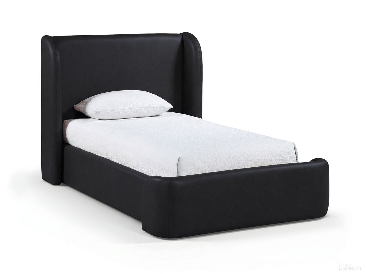 The appearance of Warby Vegan Leather Upholstered Twin Bed In Black designed by Meridian in the modern / contemporary interior design. This black piece of furniture was selected by 1StopBedrooms from Warby Collection to add a touch of cosiness and style into your home. Sku: WarbyBlack-T Box 1/2 (Headboard);WarbyBlack-T Box 2/2 (Footboard / Rails / Slats / Wings / Hardware). Bed Type: Platform Bed. Bed Size: Twin. Material: Foam.