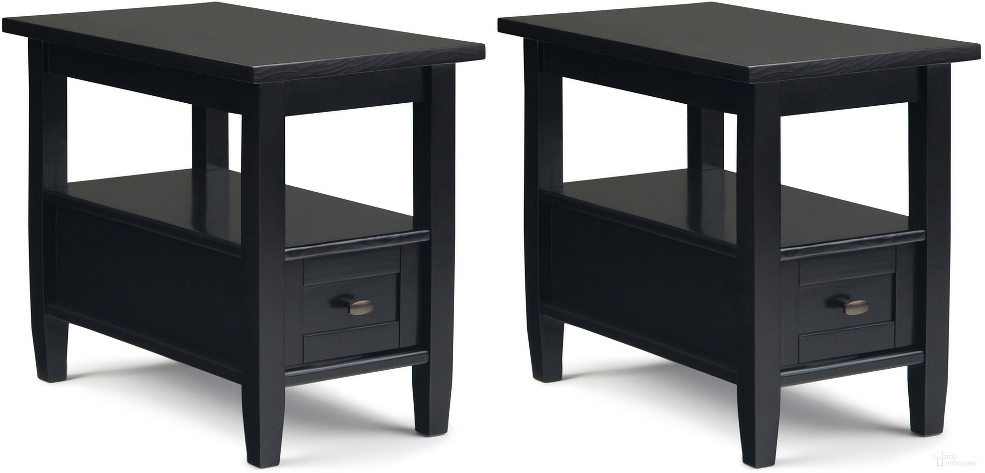 The appearance of Warm Shaker 14 Inch Solid Wood Narrow End Table Set of 2 In Black designed by Simpli Home in the transitional interior design. This black piece of furniture  was selected by 1StopBedrooms from Warm Shaker Collection to add a touch of cosiness and style into your home. Sku: WSS214NET001BL. Material: Pine.