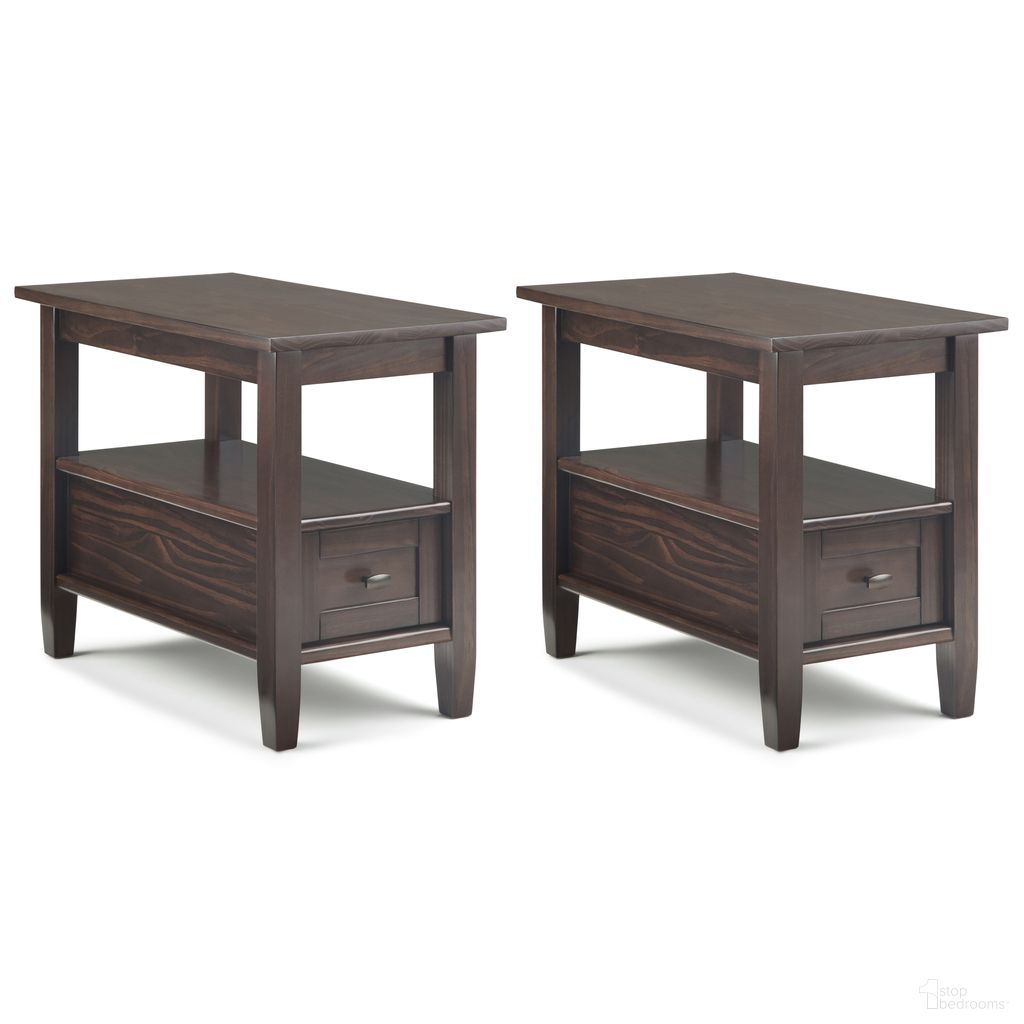 The appearance of Warm Shaker 14 Inch Solid Wood Narrow End Table Set of 2 In Tobacco Brown designed by Simpli Home in the transitional interior design. This tobacco brown piece of furniture  was selected by 1StopBedrooms from Warm Shaker Collection to add a touch of cosiness and style into your home. Sku: WSS214NET001TB. Material: Pine.