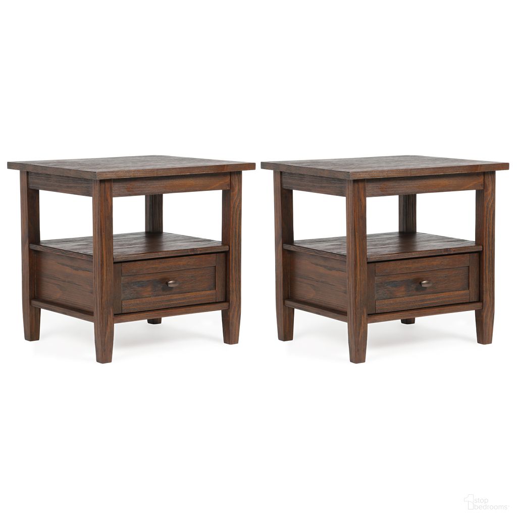 The appearance of Warm Shaker 20 Inch Solid Wood End Table Set of 2 In Distressed Charcoal Brown designed by Simpli Home in the transitional interior design. This distressed charcoal brown piece of furniture  was selected by 1StopBedrooms from Warm Shaker Collection to add a touch of cosiness and style into your home. Sku: WSS220ET001DCB. Material: Pine.
