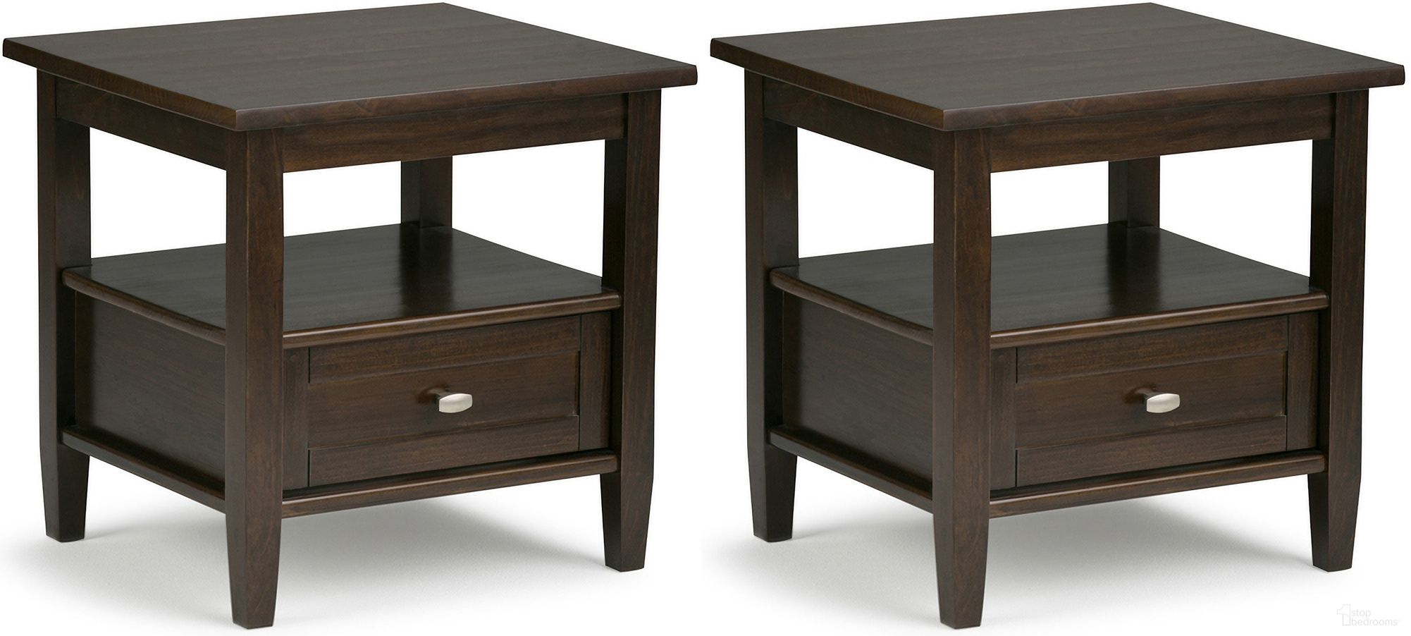The appearance of Warm Shaker 20 Inch Solid Wood End Table Set of 2 In Tobacco Brown designed by Simpli Home in the transitional interior design. This tobacco brown piece of furniture was selected by 1StopBedrooms from Warm Shaker Collection to add a touch of cosiness and style into your home. Sku: WSS220ET001TB. Material: Pine.