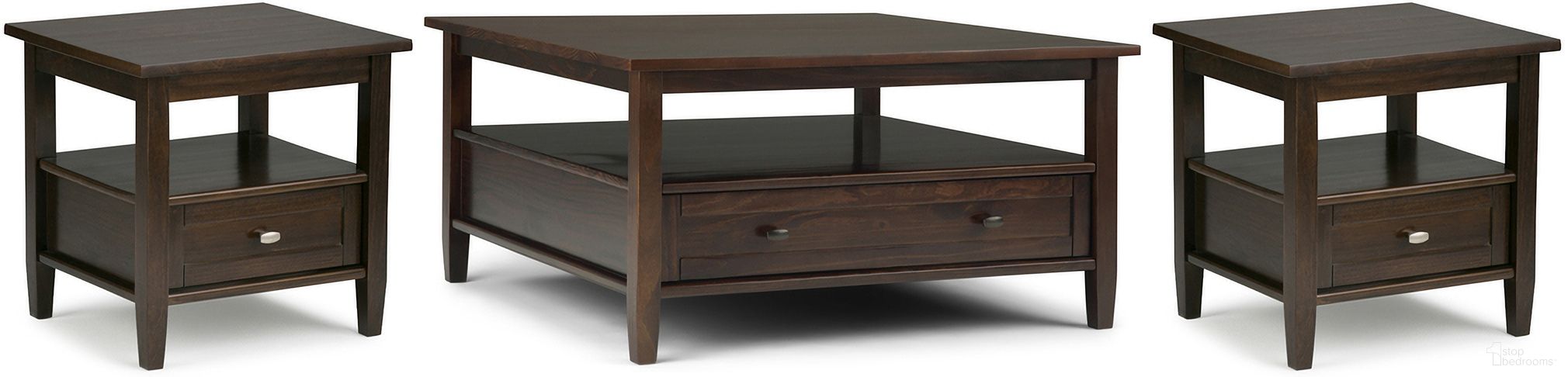 The appearance of Warm Shaker Solid Wood 36 Inch Coffee Table with 20 Inch End Tables Set of 3 In Tobacco Brown designed by Simpli Home in the traditional interior design. This tobacco brown piece of furniture  was selected by 1StopBedrooms from Warm Shaker Collection to add a touch of cosiness and style into your home. Sku: WSLIV001TB. Material: Pine.