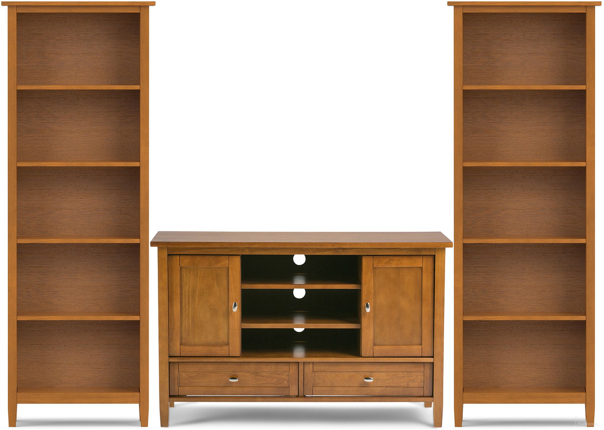 The appearance of Warm Shaker Solid Wood 47 Inch TV Stand with 26 Inch Bookcases Set of 3 In Light Golden Brown designed by Simpli Home in the modern / contemporary interior design. This light golden brown piece of furniture  was selected by 1StopBedrooms from Warm Shaker Collection to add a touch of cosiness and style into your home. Sku: WSMED002LGB. Material: Pine.