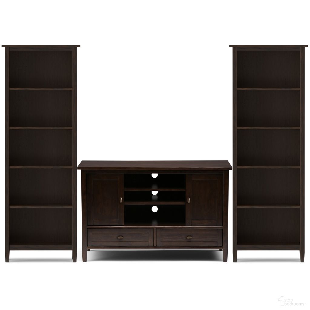 The appearance of Warm Shaker Solid Wood 47 Inch TV Stand with 26 Inch Bookcases Set of 3 In Tobacco Brown designed by Simpli Home in the modern / contemporary interior design. This tobacco brown piece of furniture  was selected by 1StopBedrooms from Warm Shaker Collection to add a touch of cosiness and style into your home. Sku: WSMED002TB. Material: Pine.