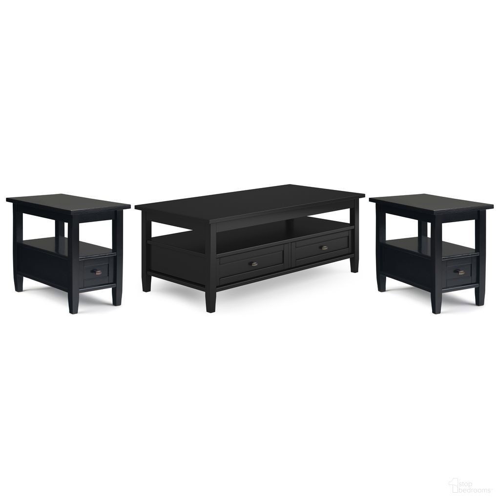 The appearance of Warm Shaker Solid Wood 48 Inch Coffee Table with 14 Inch End Tables Set of 3 In Black designed by Simpli Home in the traditional interior design. This black piece of furniture was selected by 1StopBedrooms from Warm Shaker Collection to add a touch of cosiness and style into your home. Sku: WSLIV002BL. Material: Pine.