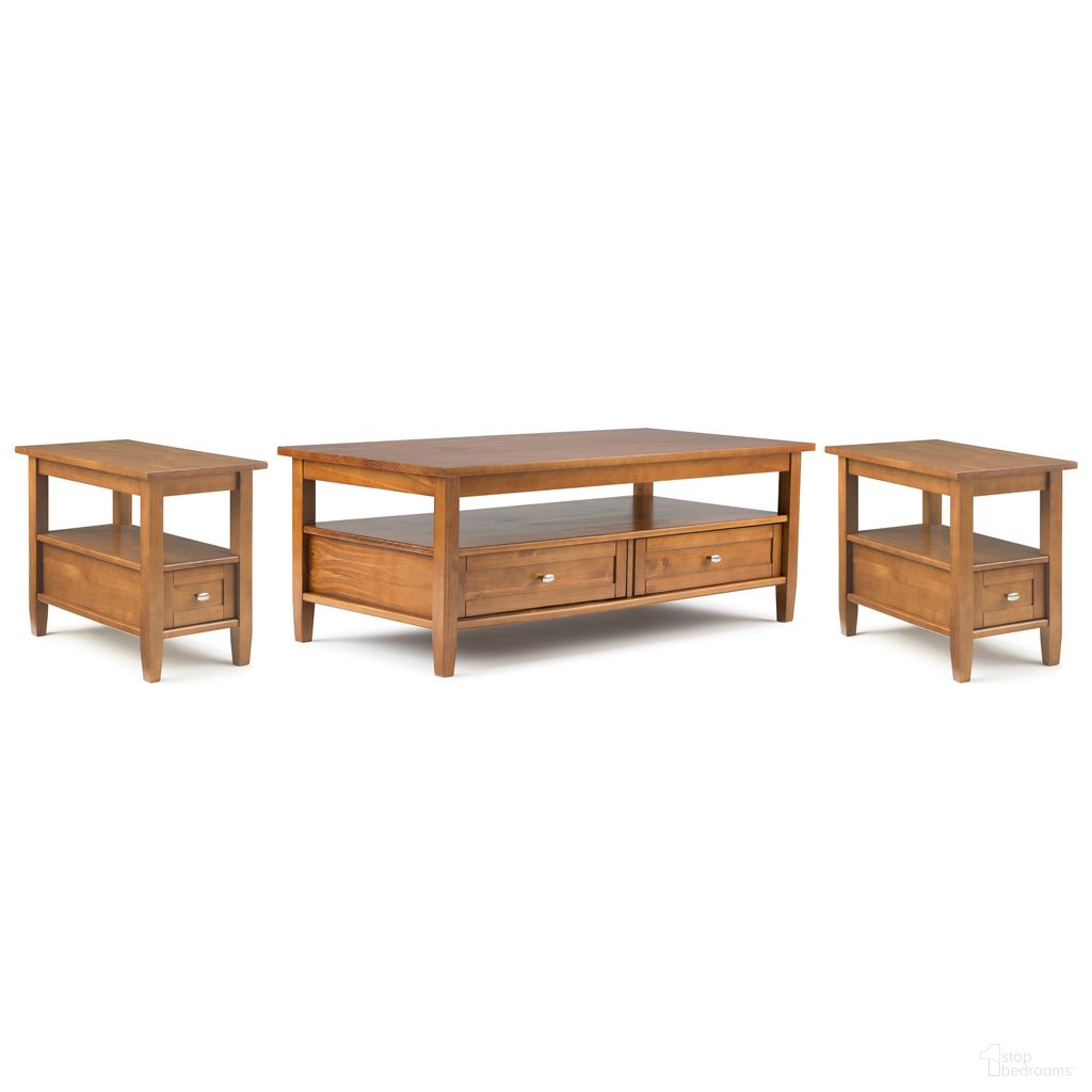 The appearance of Warm Shaker Solid Wood 48 Inch Coffee Table with 14 Inch End Tables Set of 3 In Light Golden Brown designed by Simpli Home in the traditional interior design. This light golden brown piece of furniture  was selected by 1StopBedrooms from Warm Shaker Collection to add a touch of cosiness and style into your home. Sku: WSLIV002LGB. Material: Pine.