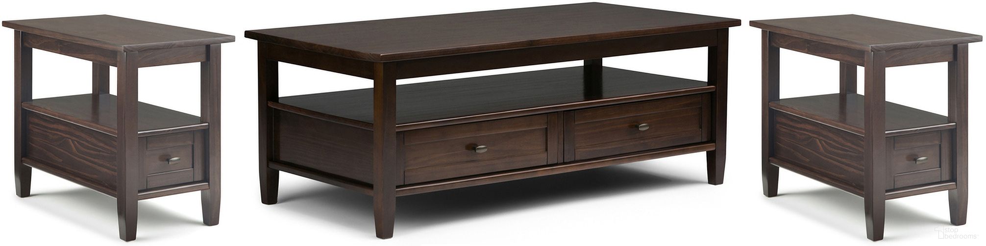 The appearance of Warm Shaker Solid Wood 48 Inch Coffee Table with 14 Inch End Tables Set of 3 In Tobacco Brown designed by Simpli Home in the traditional interior design. This tobacco brown piece of furniture  was selected by 1StopBedrooms from Warm Shaker Collection to add a touch of cosiness and style into your home. Sku: WSLIV002TB. Material: Pine.