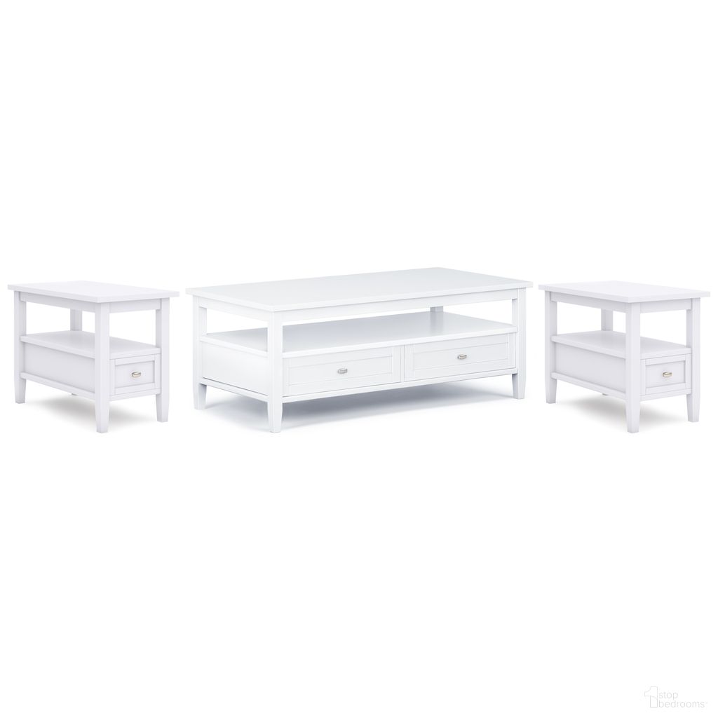 The appearance of Warm Shaker Solid Wood 48 Inch Coffee Table with 14 Inch End Tables Set of 3 In White designed by Simpli Home in the traditional interior design. This white piece of furniture  was selected by 1StopBedrooms from Warm Shaker Collection to add a touch of cosiness and style into your home. Sku: WSLIV002WH. Material: Pine.