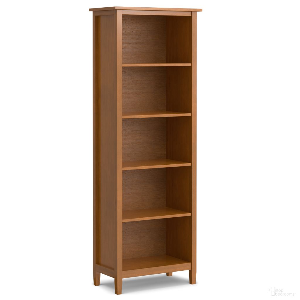 The appearance of Warm Shaker Solid Wood 5 Shelf Bookcase In Light Golden Brown designed by Simpli Home in the transitional interior design. This light golden brown piece of furniture was selected by 1StopBedrooms from Warm Shaker Collection to add a touch of cosiness and style into your home. Sku: AXCWSH09-LGB. Material: Pine.