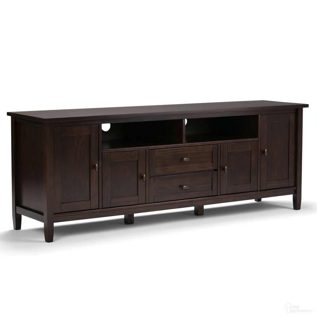 The appearance of Warm Shaker Solid Wood 72 Inch TV Media Stand In Tobacco Brown designed by Simpli Home in the transitional interior design. This tobacco brown piece of furniture was selected by 1StopBedrooms from Warm Shaker Collection to add a touch of cosiness and style into your home. Sku: AXWSH003-72-TB. Material: Pine.