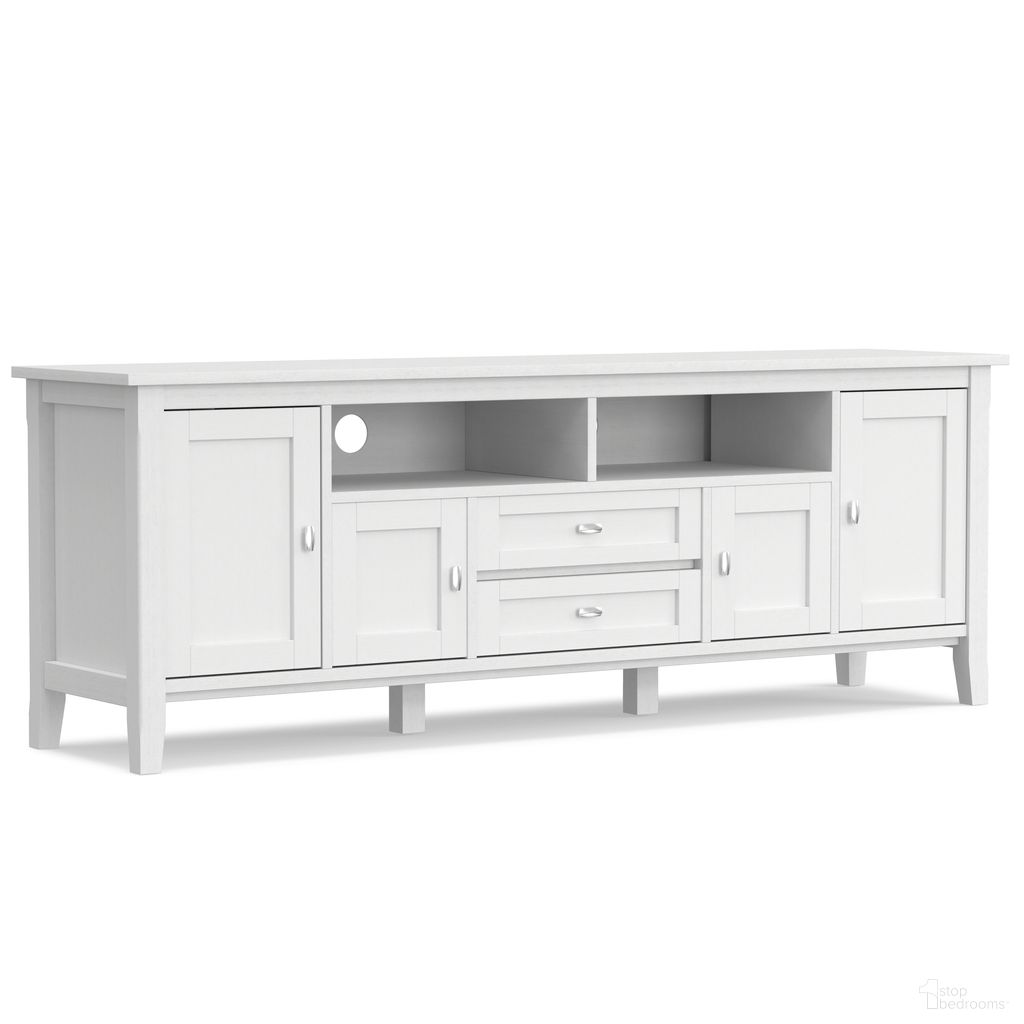The appearance of Warm Shaker Solid Wood 72 Inch TV Media Stand In White designed by Simpli Home in the transitional interior design. This white piece of furniture was selected by 1StopBedrooms from Warm Shaker Collection to add a touch of cosiness and style into your home. Sku: AXWSH003-72W. Material: Pine.