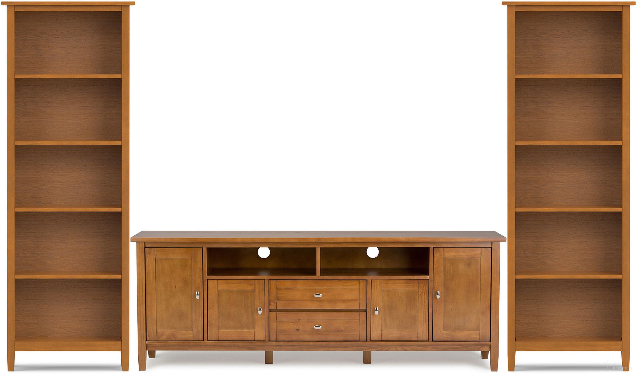 The appearance of Warm Shaker Solid Wood 72 Inch TV Stand with 26 Inch Bookcases Set of 3 In Light Golden Brown designed by Simpli Home in the modern / contemporary interior design. This light golden brown piece of furniture was selected by 1StopBedrooms from Warm Shaker Collection to add a touch of cosiness and style into your home. Sku: WSMED001LGB. Material: Pine.