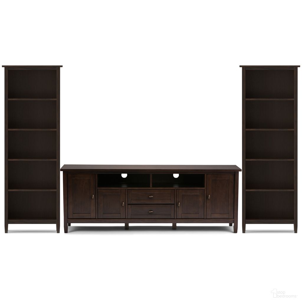 The appearance of Warm Shaker Solid Wood 72 Inch TV Stand with 26 Inch Bookcases Set of 3 In Tobacco Brown designed by Simpli Home in the modern / contemporary interior design. This tobacco brown piece of furniture  was selected by 1StopBedrooms from Warm Shaker Collection to add a touch of cosiness and style into your home. Sku: WSMED001TB. Material: Pine.