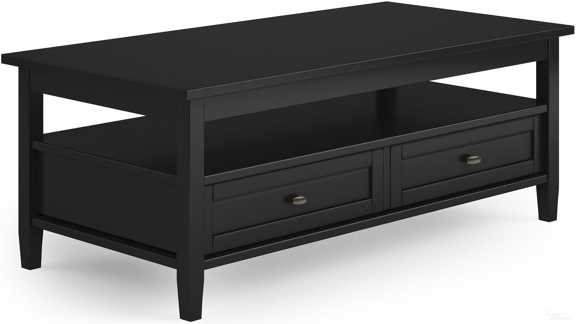 The appearance of Warm Shaker Solid Wood Coffee Table In Black designed by Simpli Home in the transitional interior design. This black piece of furniture  was selected by 1StopBedrooms from Warm Shaker Collection to add a touch of cosiness and style into your home. Sku: AXCWSH01-BL. Material: Pine Wood.