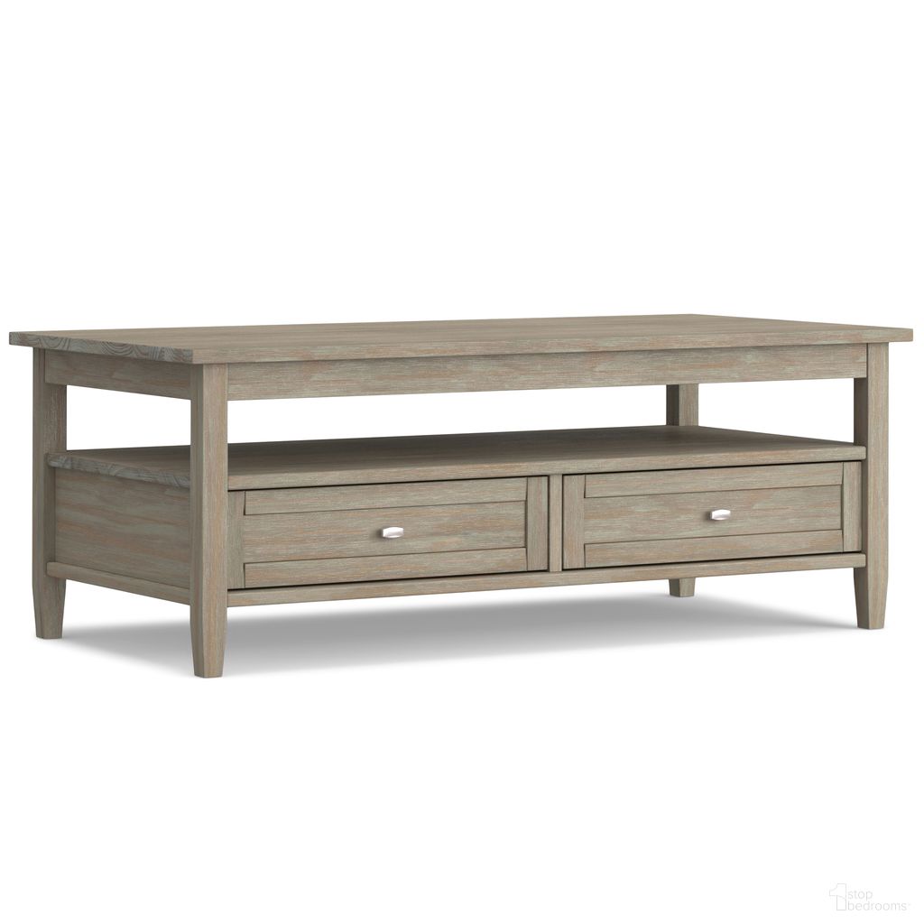The appearance of Warm Shaker Solid Wood Coffee Table In Distressed Grey designed by Simpli Home in the transitional interior design. This distressed grey piece of furniture was selected by 1StopBedrooms from Warm Shaker Collection to add a touch of cosiness and style into your home. Sku: AXWSH001-GR. Material: Pine.