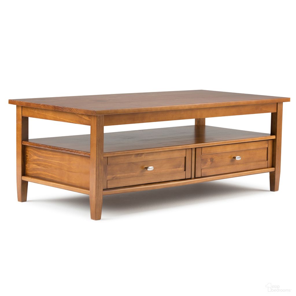 The appearance of Warm Shaker Solid Wood Coffee Table In Light Golden Brown designed by Simpli Home in the transitional interior design. This light golden brown piece of furniture was selected by 1StopBedrooms from Warm Shaker Collection to add a touch of cosiness and style into your home. Sku: AXCRWSH01-LGB. Material: Pine.