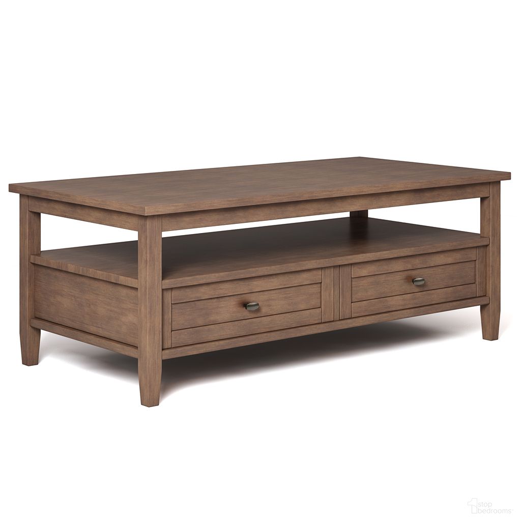 The appearance of Warm Shaker Solid Wood Coffee Table In Rustic Natural Aged Brown designed by Simpli Home in the transitional interior design. This rustic natural aged brown piece of furniture was selected by 1StopBedrooms from Warm Shaker Collection to add a touch of cosiness and style into your home. Sku: AXCWSH01-RNAB. Material: Pine.