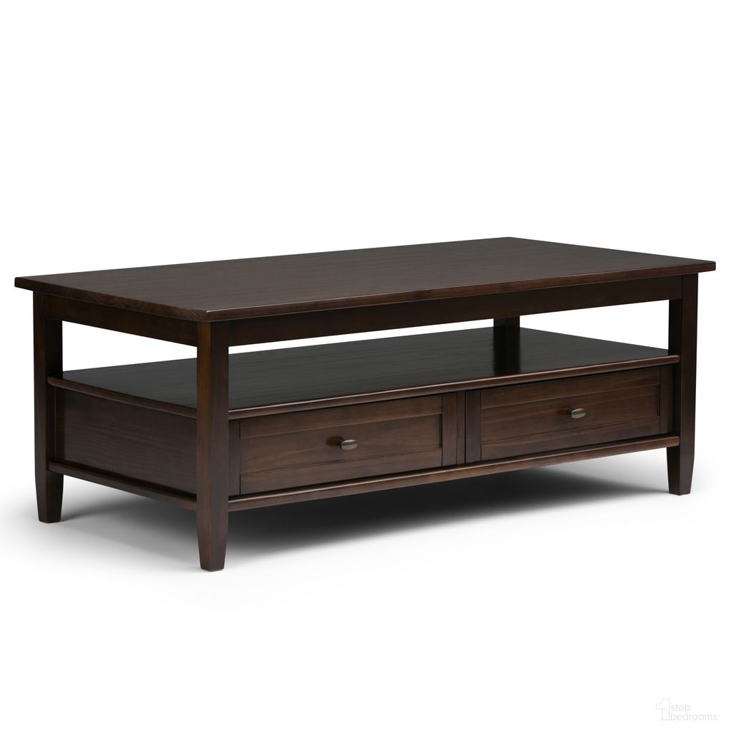 The appearance of Warm Shaker Solid Wood Coffee Table In Tobacco Brown designed by Simpli Home in the transitional interior design. This tobacco brown piece of furniture was selected by 1StopBedrooms from Warm Shaker Collection to add a touch of cosiness and style into your home. Sku: AXWSH001-TB. Material: Pine.