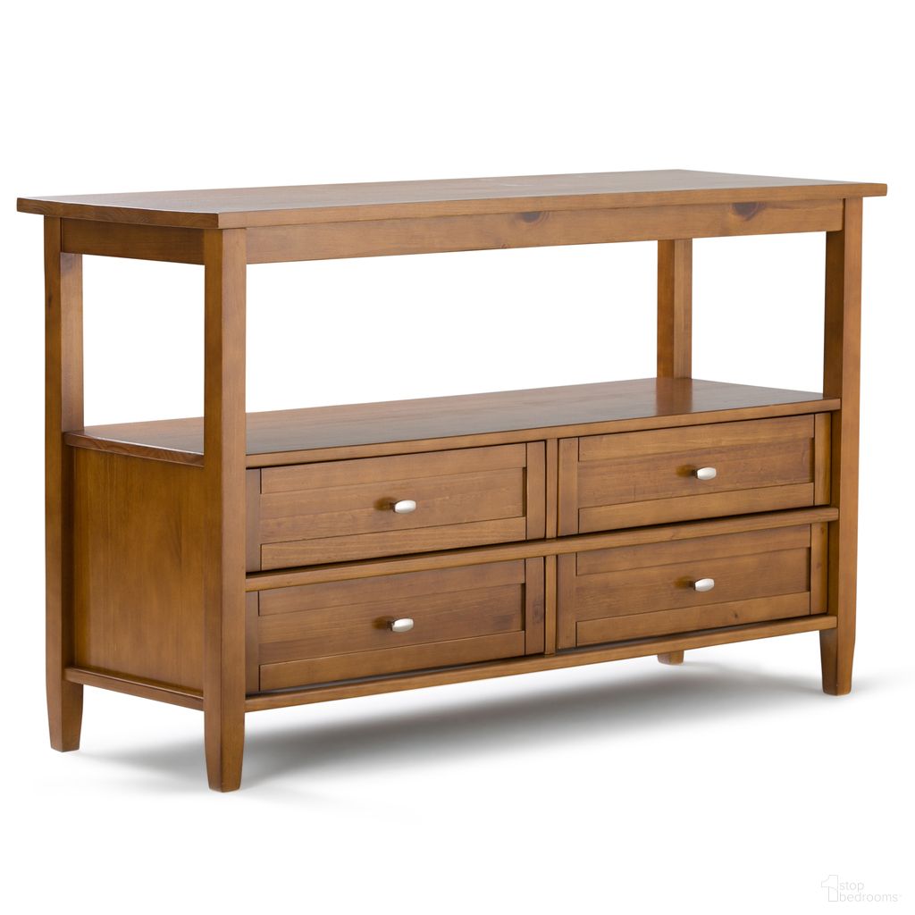 The appearance of Warm Shaker Solid Wood Console Sofa Table In Light Golden Brown designed by Simpli Home in the transitional interior design. This light golden brown piece of furniture was selected by 1StopBedrooms from Warm Shaker Collection to add a touch of cosiness and style into your home. Sku: AXCRWSH06-LGB. Material: Pine.