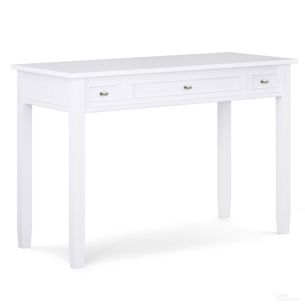 The appearance of Warm Shaker Solid Wood Desk In White designed by Simpli Home in the transitional interior design. This white piece of furniture was selected by 1StopBedrooms from Warm Shaker Collection to add a touch of cosiness and style into your home. Sku: AXWSH010-W. Material: Pine.