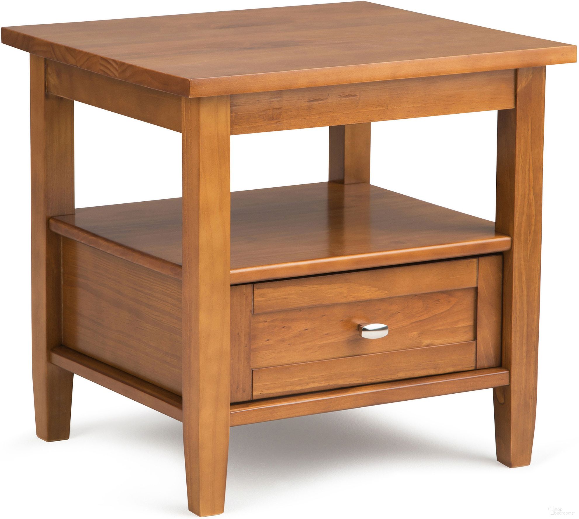 The appearance of Warm Shaker Solid Wood End Table In Light Golden Brown designed by Simpli Home in the transitional interior design. This light golden brown piece of furniture  was selected by 1StopBedrooms from Warm Shaker Collection to add a touch of cosiness and style into your home. Sku: AXCRWSH03-LGB. Material: Pine.