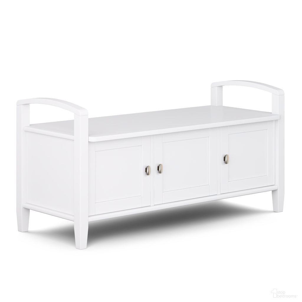 The appearance of Warm Shaker Solid Wood Entryway Storage Bench In White designed by Simpli Home in the transitional interior design. This white piece of furniture was selected by 1StopBedrooms from Warm Shaker Collection to add a touch of cosiness and style into your home. Sku: AXWSH006-W. Material: Pine.