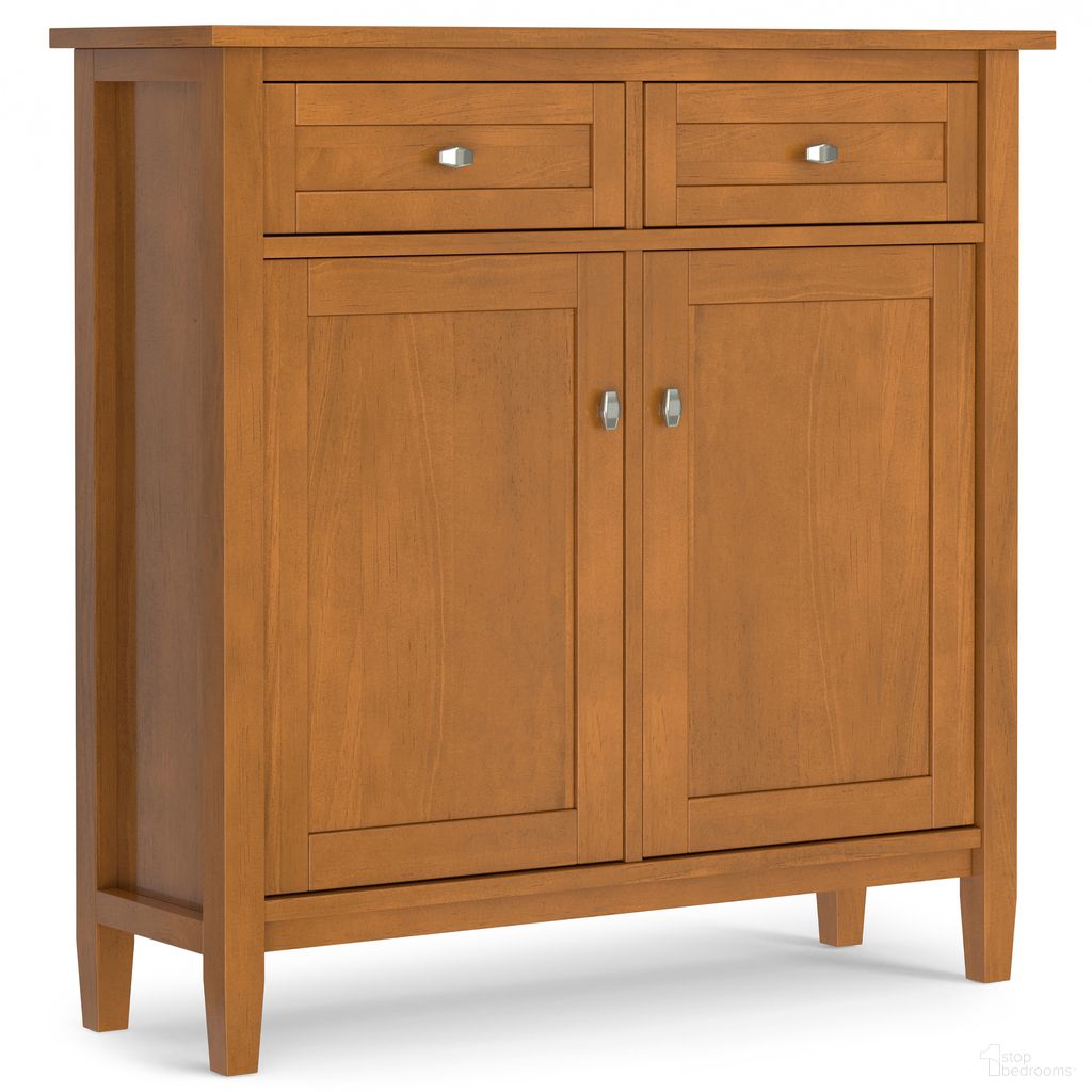 The appearance of Warm Shaker Solid Wood Entryway Storage Cabinet In Light Golden Brown designed by Simpli Home in the transitional interior design. This light golden brown piece of furniture  was selected by 1StopBedrooms from Warm Shaker Collection to add a touch of cosiness and style into your home. Sku: AXCWSH47-LGB. Material: Pine.