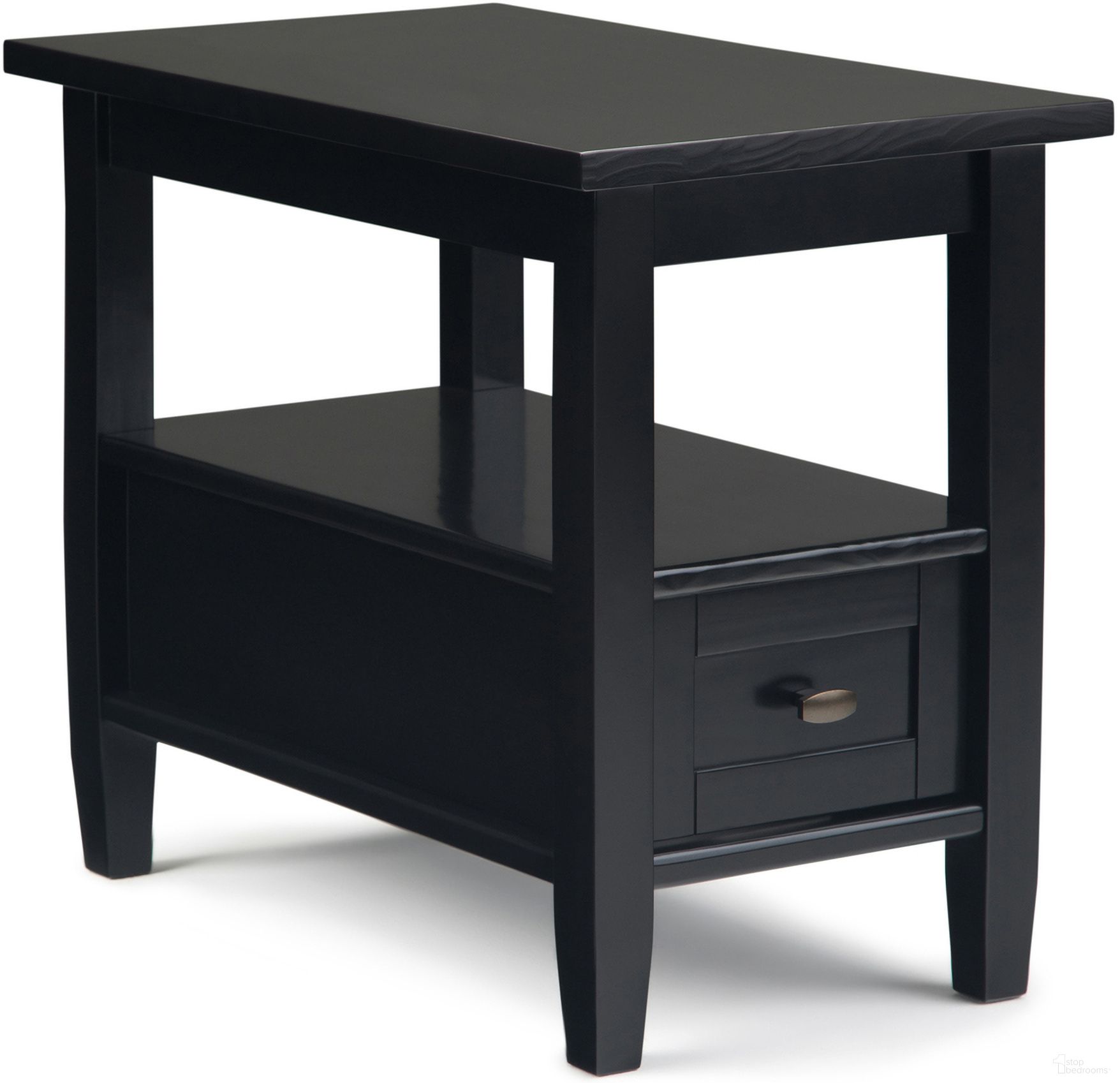 The appearance of Warm Shaker Solid Wood Narrow Side Table In Black designed by Simpli Home in the transitional interior design. This black piece of furniture was selected by 1StopBedrooms from Warm Shaker Collection to add a touch of cosiness and style into your home. Sku: AXCWSH011-BL. Material: Pine.