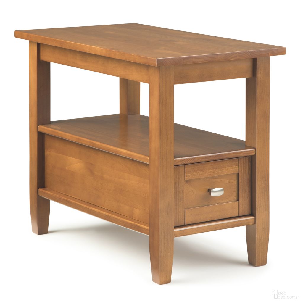 The appearance of Warm Shaker Solid Wood Narrow Side Table In Light Golden Brown designed by Simpli Home in the transitional interior design. This light golden brown piece of furniture was selected by 1StopBedrooms from Warm Shaker Collection to add a touch of cosiness and style into your home. Sku: AXCRWSH05-LGB. Material: Pine.